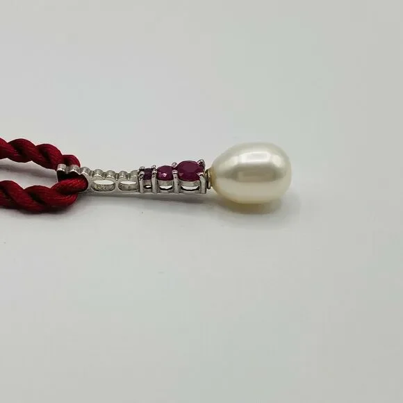 Sterling Silver Burma Ruby & Pearl Pendant Necklace - Picture 4 of 9